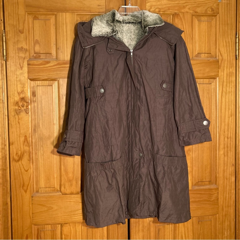 NWOT Weather Solutions Vintage 80s 90s Trench Coat Faux Fur Lined Brown Size M